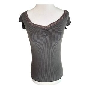BDG Jeans Nordstrom Ribbed Lace‎ Trim Top Blouse Gray Short Sleeve Womens Large